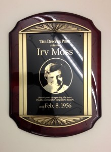 The plaque commemorating Irv Moss' 60 years at The Denver Post.